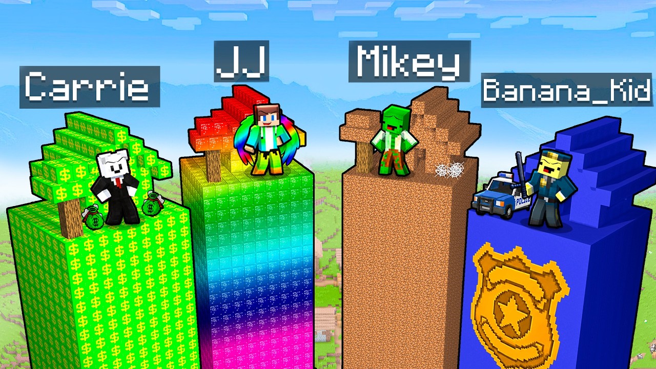 Mikey vs JJ vs Banana Kid vs Carrie: EPIC CHUNK BATTLE In Minecraft - Maizen
