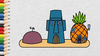 Keren, Menggambar Dan Mewarnai Rumah Spongebob, Squidward Dan Patrick - How To Draw House Spongebob
