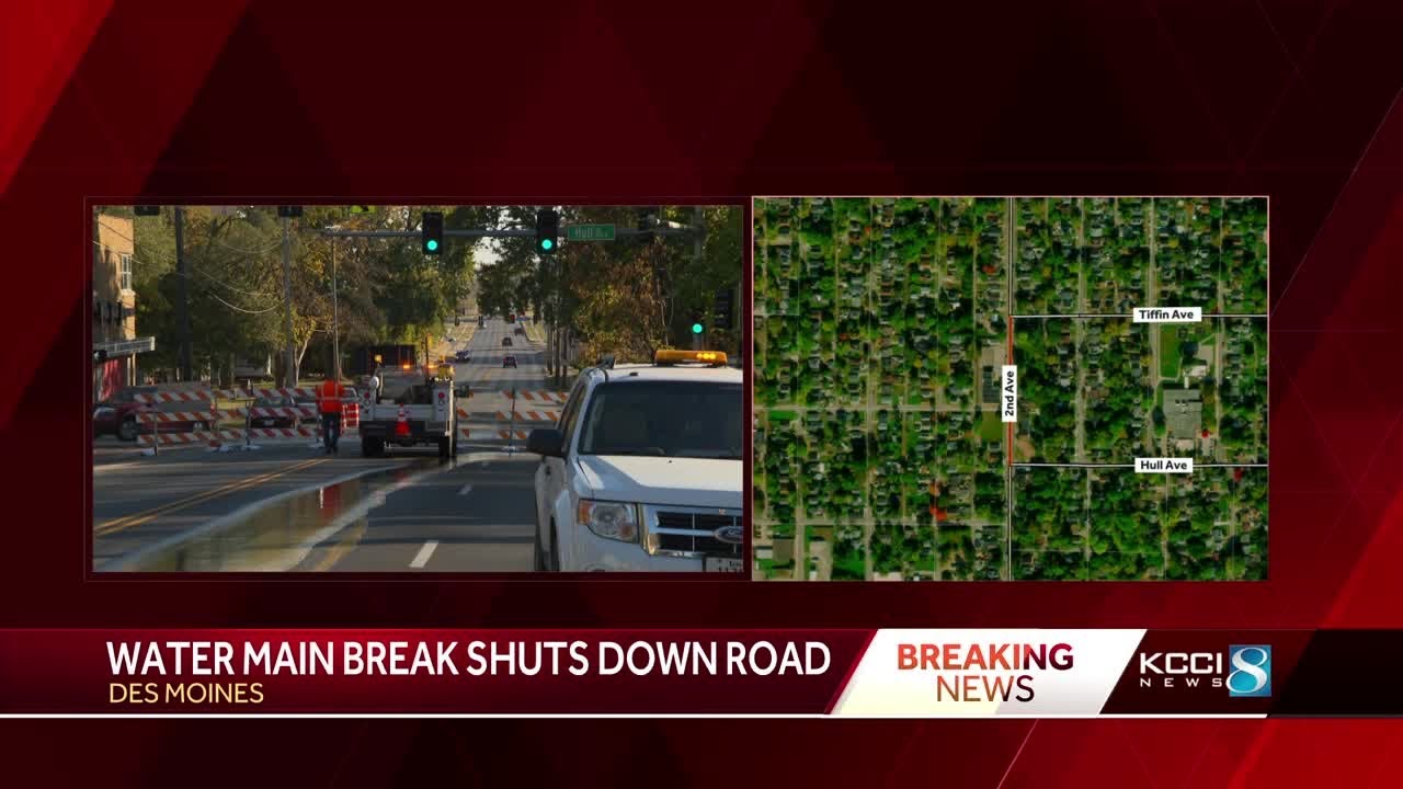 Water main break closes part of 2nd Avenue in Des Moines - YouTube