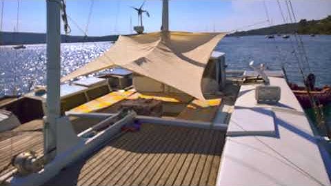 Wharram Catamaran, Tikimata, Tiki 38 at anchor in Greece, near Milina