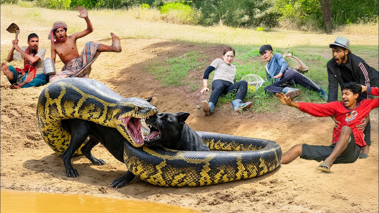 Smart DOG attacked by giant ANACONDA - What did the Female Hunter do?