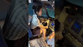 Chinese Cute Girls Airplane Pilot Driving Tha Airplane