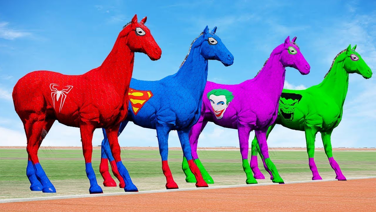 RED HORSE SPIDERMAN CROSSING FOUNTAIN ON RAINBOW SPIDERS BRIDGE VS SHARKSRESCUE FANNY ANIMALS GAME