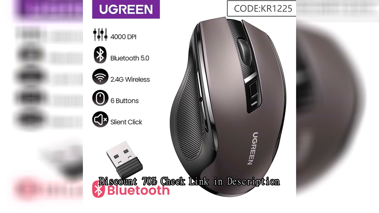 UGREEN Wireless Mouse Bluetooth5.0 Mouse Ergonomic 4000DPI 6 Mute Buttons Mouse For MacBook Tablet L