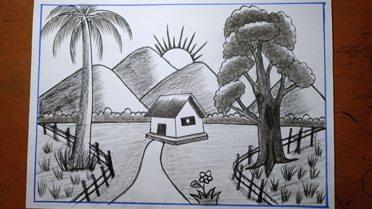 Simple Pencil Village Scenery Drawing/Easy Landscape Art Step by Step/Simple House and Tree Drawing