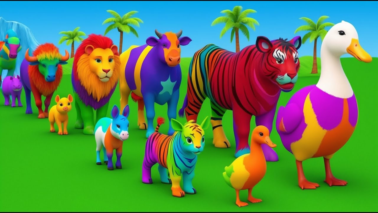 Long Slide Game With Cow Elephant Gorilla Hippopotamus Tiger - 3d Animal Game - Funny 3d Animals