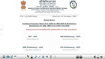 ASRB ICAR NET, ARS, SMS & STO 2025 Result is Out📢