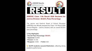 JKBOSE Class 11th Result 2026 Declared for Jammu Division: 85.83% Pass Percentage