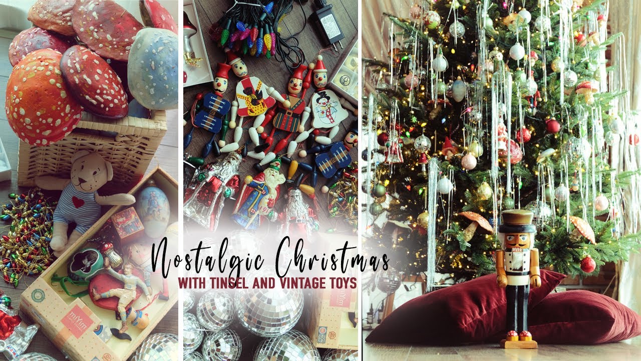 CHRISTMAS TREE with TINSEL (LAMETTA) and VINTAGE TOYS Nostalgic