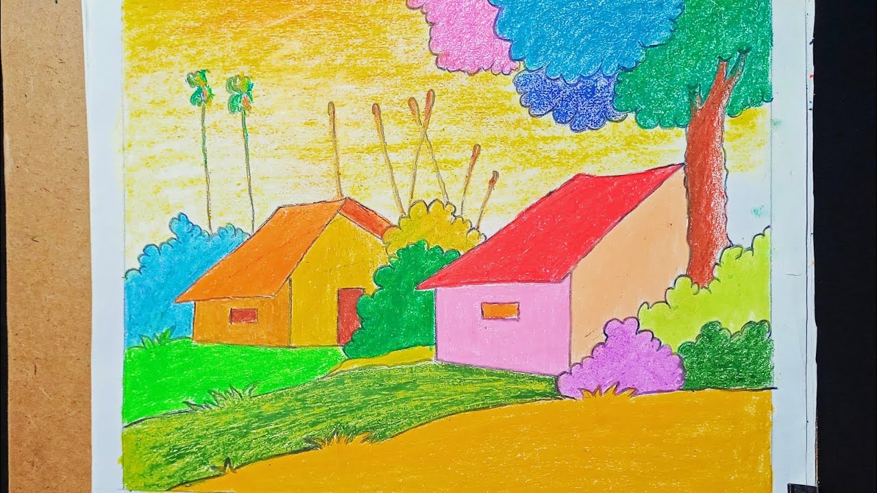 Oil Pastel Colour Scenery Drawing Prakritik Drishyo aki Mom Rong Er