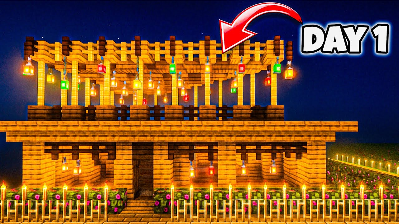  MINECRAFT DAY 1 BUILDING A BEAUTIFUL WOODEN LANTERN HOUSE 