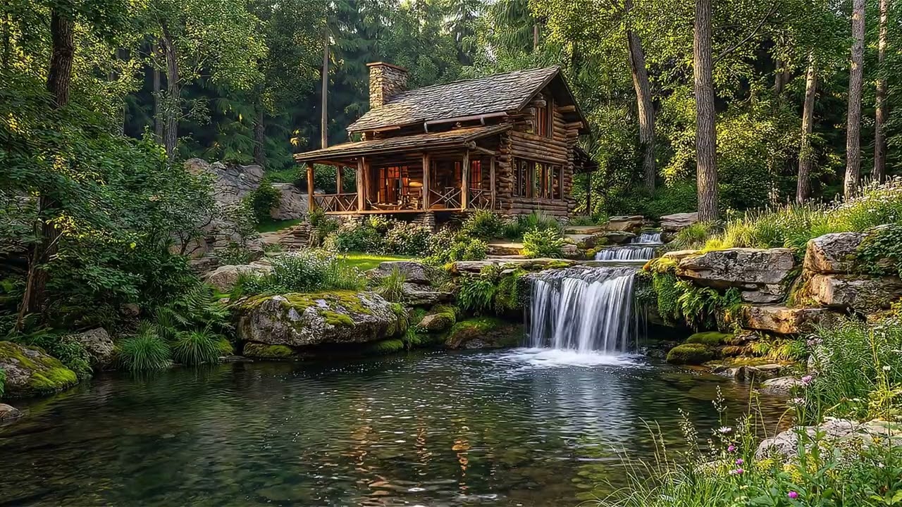Peaceful Forest Cabin Waterfall Ambience | Gentle Stream and Golden Evening Calm