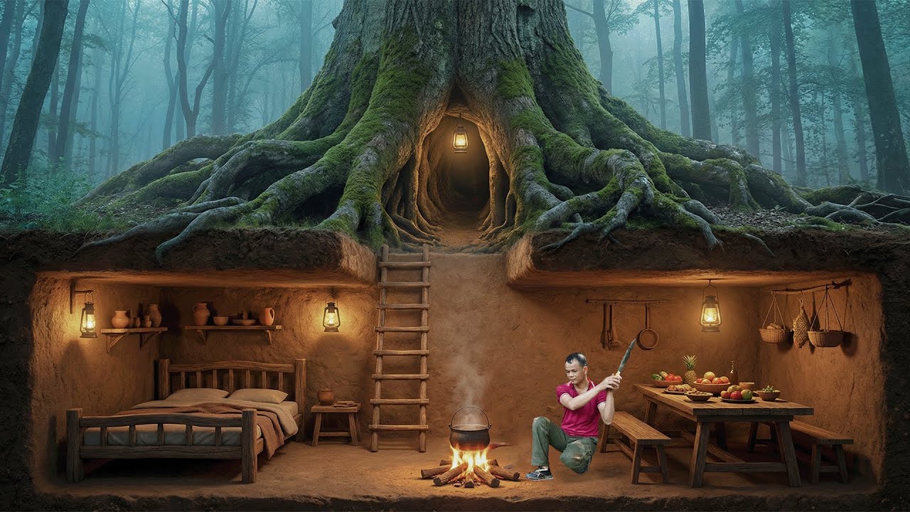 Giant Tree House | Building A Hidden Survival Shelter Inside A Massive Tree Trunk
