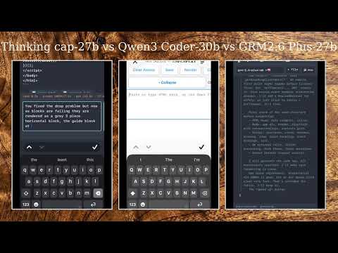 Tetris HTML comparison Thinking Cap 27b vs Qwen 3 Coder 30b vs GRM2.6 27b