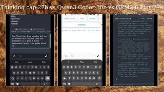 Tetris HTML comparison Thinking Cap 27b vs Qwen 3 Coder 30b vs GRM2.6 27b