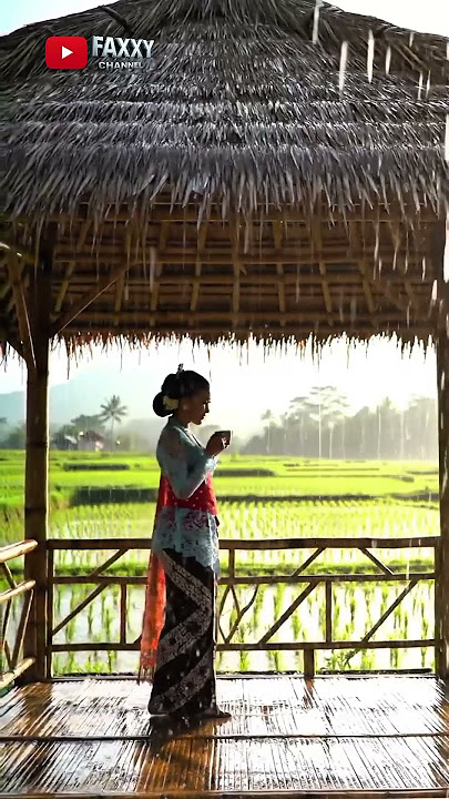 Seorang gadis minum kopi di tengah hujan pagi #ai #celana pendek #santai