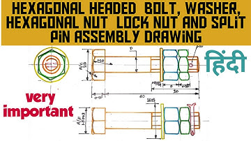Hexagonal headed bolt washer hexagonal nut lock nut and split pin assembly drawing