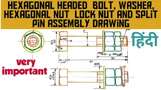 Hexagonal headed bolt washer hexagonal nut lock nut and split pin assembly drawing Net Worth