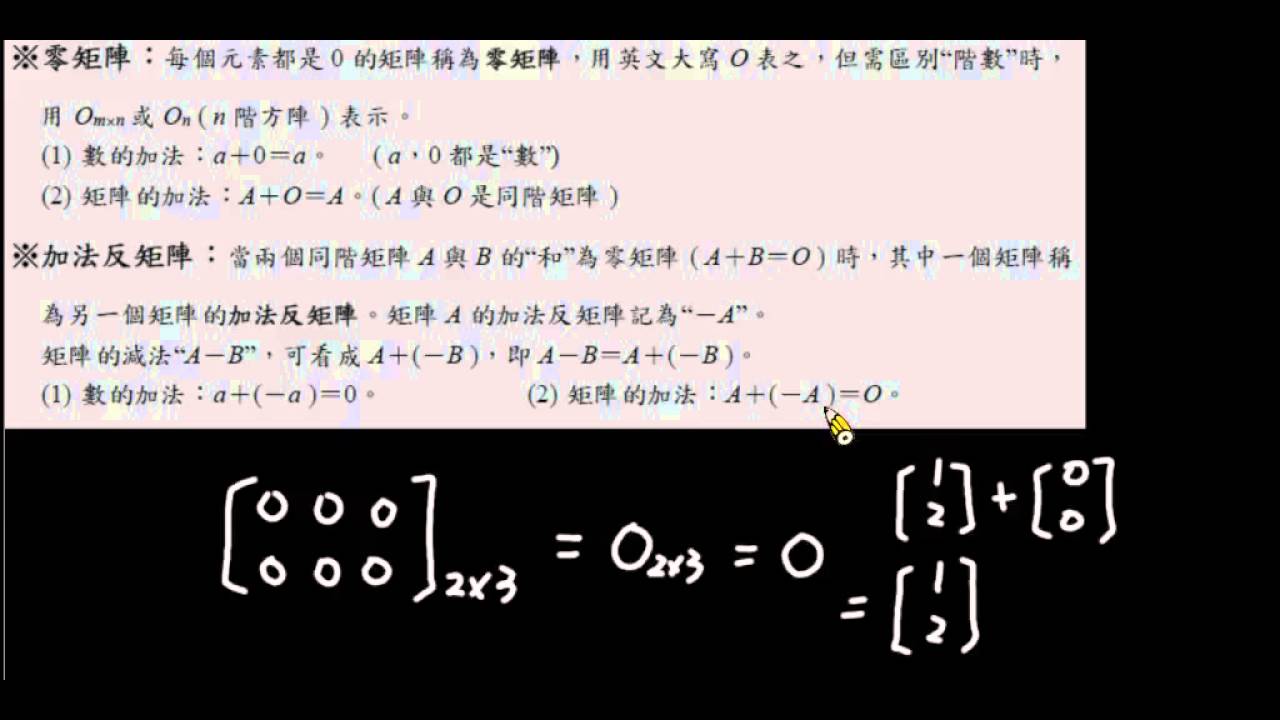 翻轉學習影片：高中_數學_惠文高中_矩陣的運算_零矩陣、加法反矩陣、矩陣的加法性質