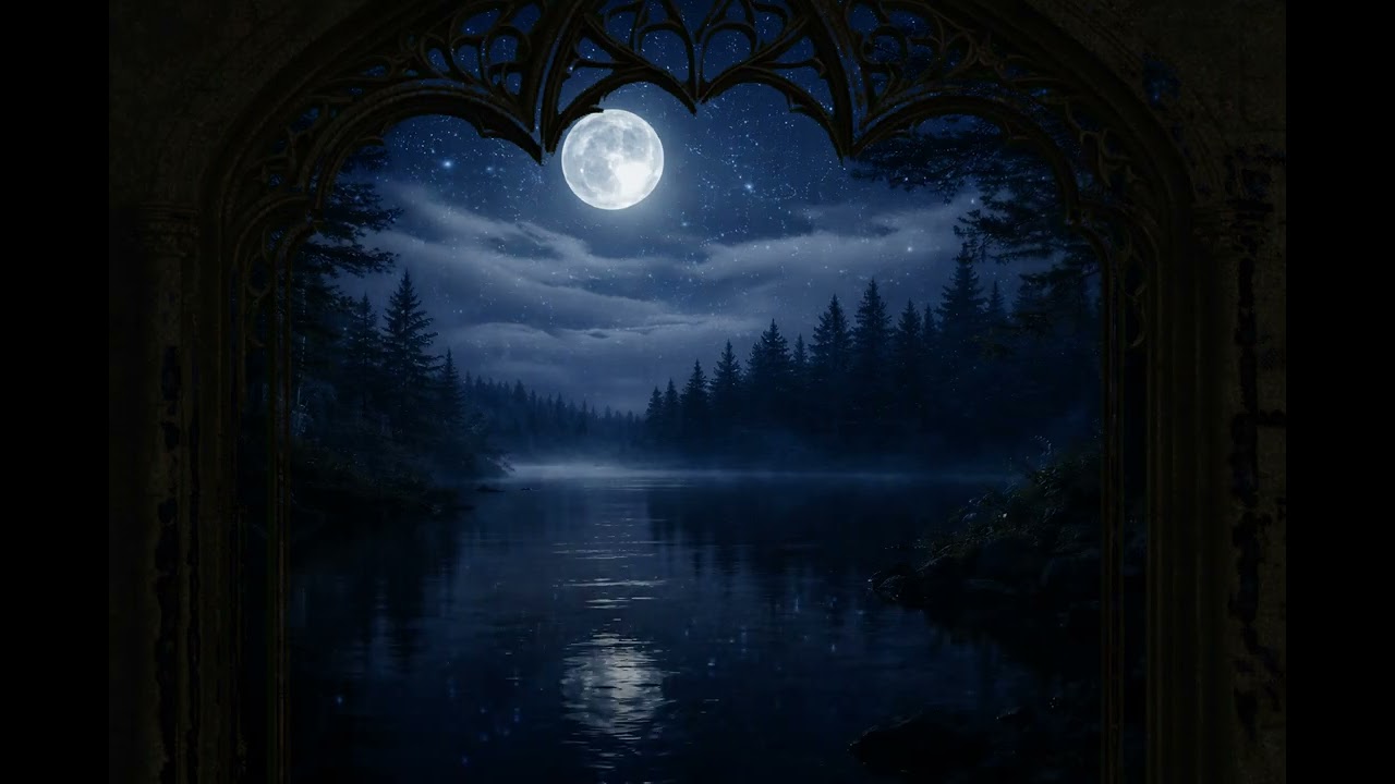 Elven Window| Moonlit Lake at Night 🌕|  4 Hours of Calm Water & Forest  Sounds | Deep Sleep
