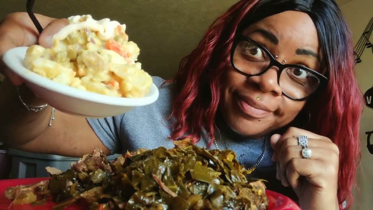 a plate full of collard greens with smoked neck bones 😋 YouTube