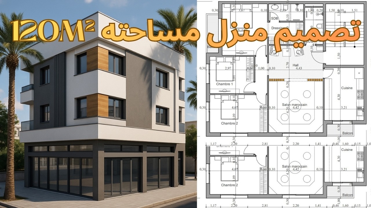 تصميم ذكي لمنزل 120 متر مربع واجهتين