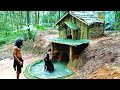 Primitive bamboo hut with swimming poolin modern times 