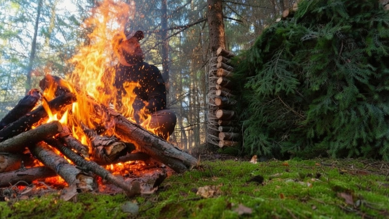 Building a Cozy Log Cabin in the Forest | Bushcraft Survival - YouTube