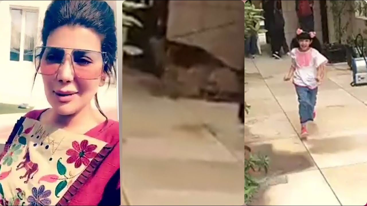 الهام الفضالة وابنتها يخافون من الكلب في موقع تصوير المسلسل