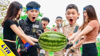 LTN Nerf War : Squad Girl & Delta Force T Nerf Guns Fight Criminal Protect Fruit Garden