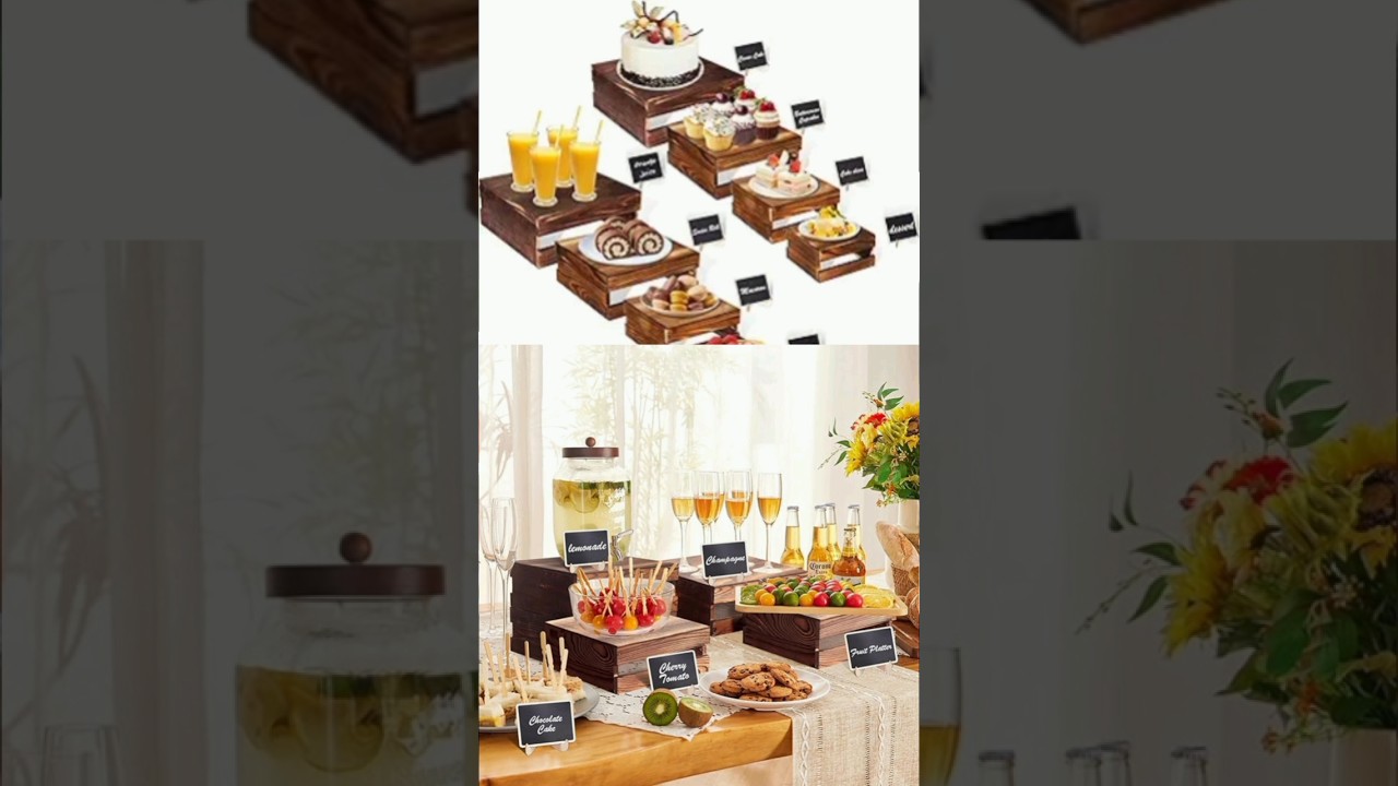 8 Pcs Buffet Risers with Mini Signs, Rustic 