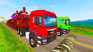 Double Flatbed Trailer Truck vs speed bumps|Cars vs speed bumps|Beamng Drive #7