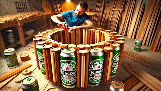70 Year Old Woodworker Crafts a Unique Table Inspired by Heineken Beer Cans Using Round Wooden Slats
