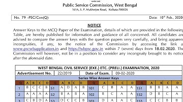 WBCS OFFICIAL ANSWER KEY 2020
