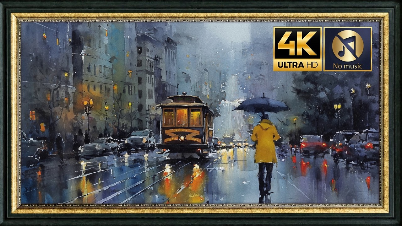 Rainy Night Tram in Yellow Coat | 4K Frame TV Art | Silent Mood