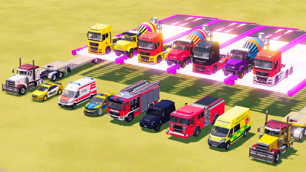 TRANSPORTING POLICE CARS, AMBULANCE, FIRE TRUCK, COLORFUL CARS WITH TRUCK FARMING SIMULATOR 22! #17
