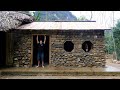 Primitive skills building stone house stone cabin in the mountains finish roof