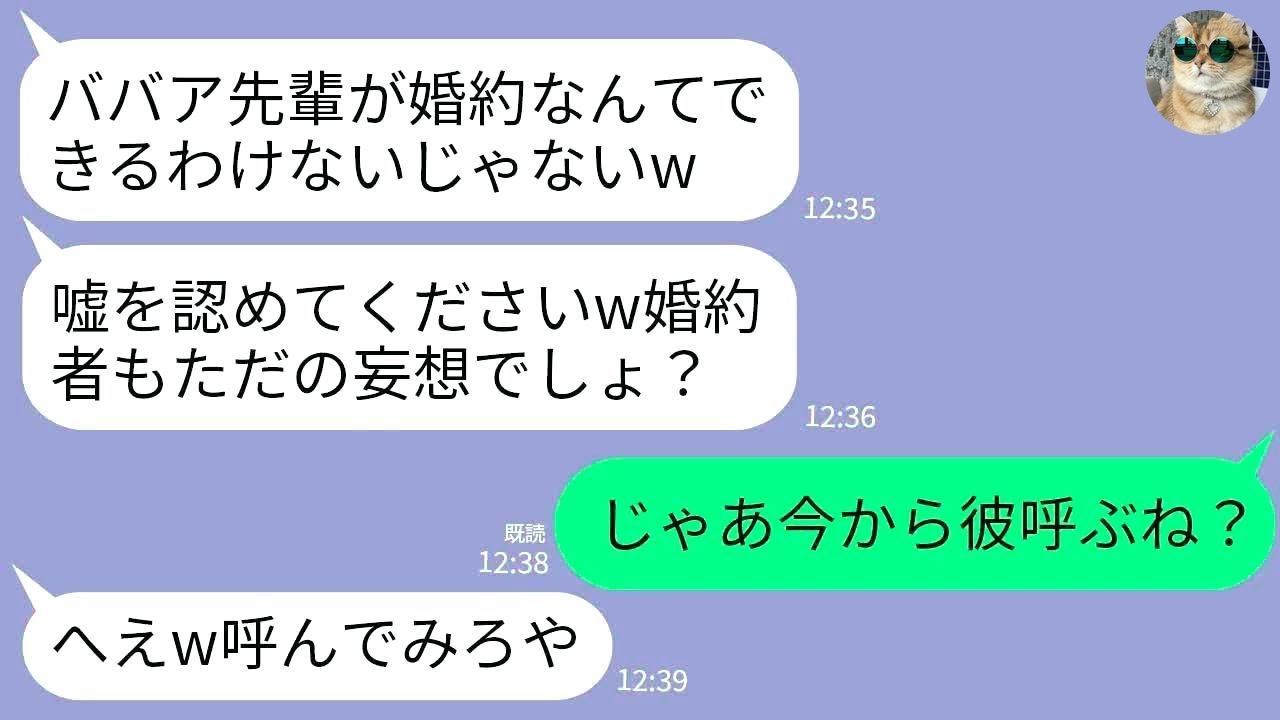 【LINE】私の婚約を嘘と決めつけ職場に言いふらす10歳下の後輩「お局のババア先輩が結婚できる筈ないw嘘を認めろ」→迎えに来た私の婚約者を見た後輩女が真っ青にwww