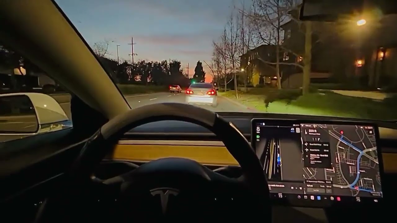 Tesla new FSD 11.3 full stack with new visualizations - driving at night