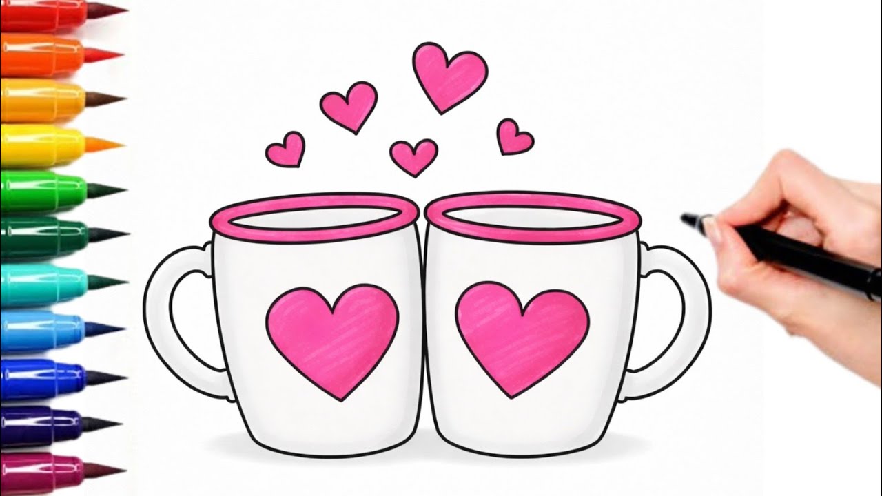 Как нарисовать две очаровательные кофейные кружки | Простой урок рисования и раскрашивания | Иску...