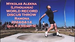 Mykolas Alekna WORLD RECORD DISCUS THROW 74.35 meters Ramona 20240414 (all 6 attempts).