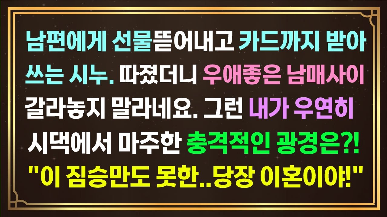 남편에게 선물 뜯어내고 카드까지 받아쓰는 시누.따지니 우애좋은 남매사이 갈라놓지 말라네요.그런 내가 우연히 시댁에서 마주한 충격적인 광경은?이 짐승만도 못한...당장 이혼이야!
