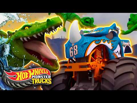 🐊 Rhinomite vs. 100 Angry Crocodiles! | Hot Wheels Monster Trucks