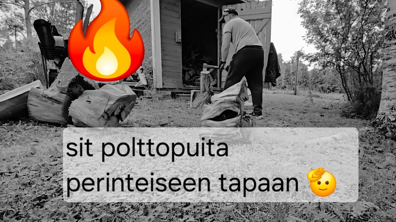 Polttopuun tekoa sekä polttopuut suojaan samal