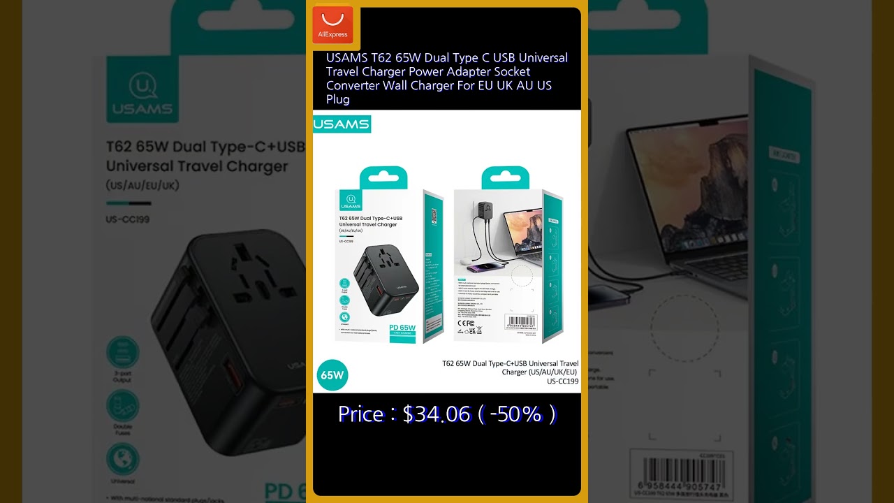 Usams T62 65w Dual Type-C+Usb Universal Travel Charger (Us-Cc199).