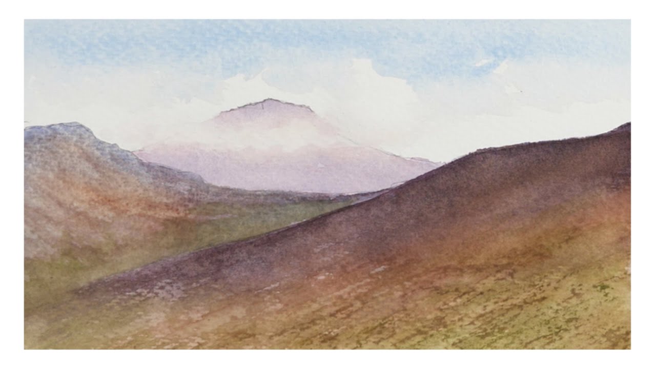 How to paint a cloud covered mountain view and add texture to foreground hills.