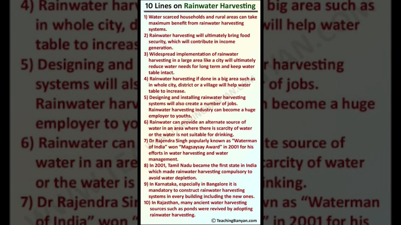 Write 10 lines on Rain Water Harvesting | English 