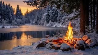 ❄️ Campfire Sounds + Great Guitar Melody 🔥 Winter River Sunset with Crackling Fire Sounds