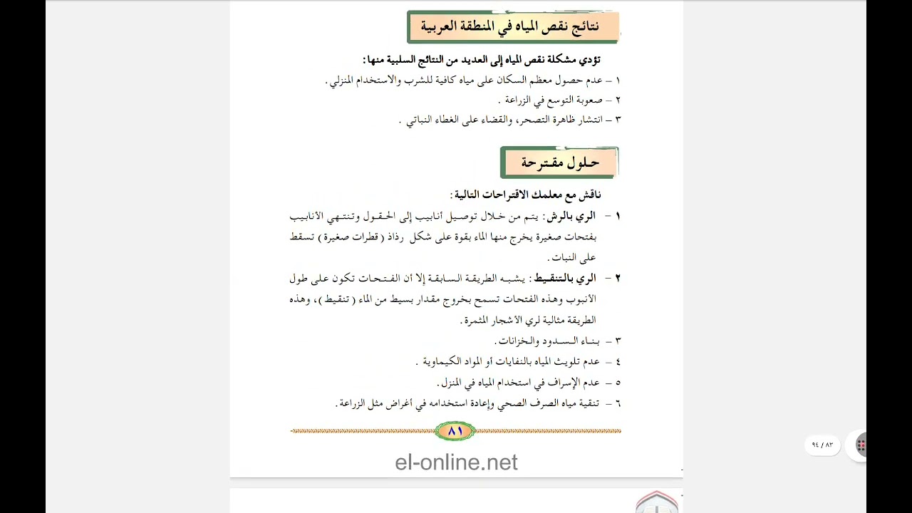 الدرس الاول من الوحدة السابعة نقص  المياه للصف السادس فى الجغرافيا 