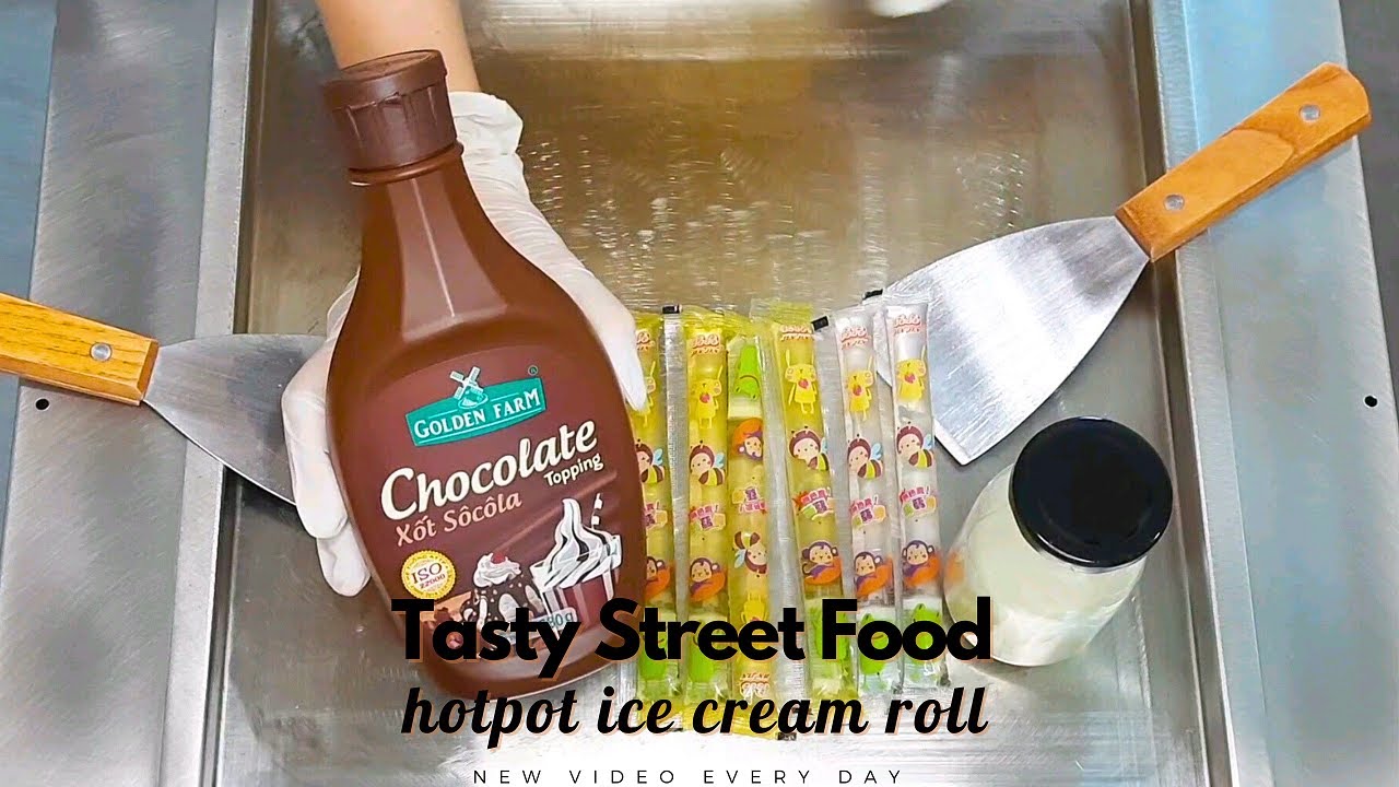 Hotpot ice cream roll Homemade Ice Cream with chocolate sauce and jelly easy Tasty Street Food